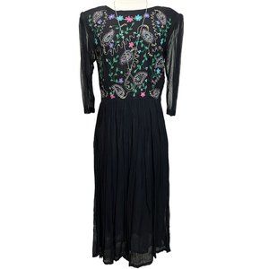 Vintage black dress with colorful paisley embroidery